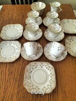 ART DECO DORIC PENDANT BONE CHINA TEA SET GOLD GILT ON WHITE 19 PIECES c1929