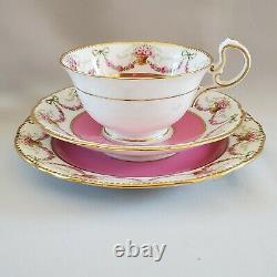 AYNSLEY 3318 Pattern Dessert Set Cup Saucer Pink Roses Swag Bow Tie Gold Trim