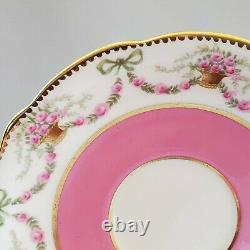 AYNSLEY 3318 Pattern Dessert Set Cup Saucer Pink Roses Swag Bow Tie Gold Trim