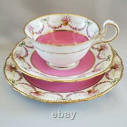 AYNSLEY 3318 Pattern Trio Set Cup Saucer Pink Roses Swag Bow Tie Gold Trim AS IS