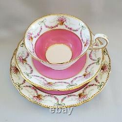 AYNSLEY 3318 Pattern Trio Set Cup Saucer Pink Roses Swag Bow Tie Gold Trim AS IS