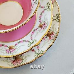 AYNSLEY 3318 Pattern Trio Set Cup Saucer Pink Roses Swag Bow Tie Gold Trim AS IS