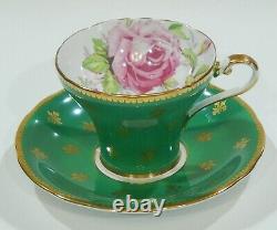 AYNSLEY PINK CABBAGE ROSE CUP & SAUCER Emerald Green Gold Fleur de Lis Filigree