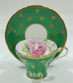 AYNSLEY PINK CABBAGE ROSE CUP & SAUCER Emerald Green Gold Fleur de Lis Filigree
