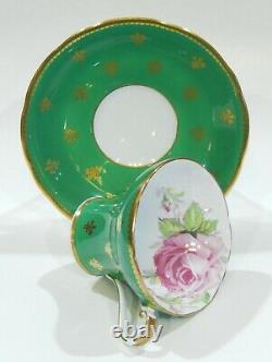 AYNSLEY PINK CABBAGE ROSE CUP & SAUCER Emerald Green Gold Fleur de Lis Filigree