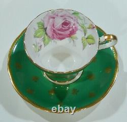 AYNSLEY PINK CABBAGE ROSE CUP & SAUCER Emerald Green Gold Fleur de Lis Filigree