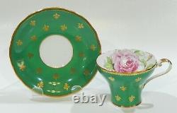 AYNSLEY PINK CABBAGE ROSE CUP & SAUCER Emerald Green Gold Fleur de Lis Filigree