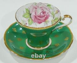 AYNSLEY PINK CABBAGE ROSE CUP & SAUCER Emerald Green Gold Fleur de Lis Filigree