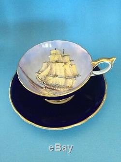 AYNSLEY TALL SHIP ARTIST SIGNED CUP & SAUCER, COBALT BLUE w GOLD TRIM EXCELLENT