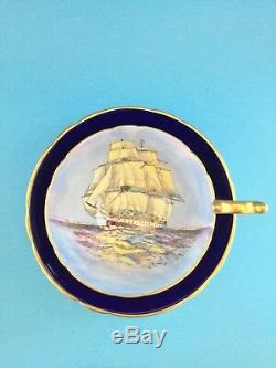 AYNSLEY TALL SHIP ARTIST SIGNED CUP & SAUCER, COBALT BLUE w GOLD TRIM EXCELLENT