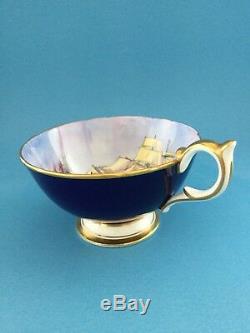 AYNSLEY TALL SHIP ARTIST SIGNED CUP & SAUCER, COBALT BLUE w GOLD TRIM EXCELLENT