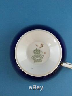 AYNSLEY TALL SHIP ARTIST SIGNED CUP & SAUCER, COBALT BLUE w GOLD TRIM EXCELLENT