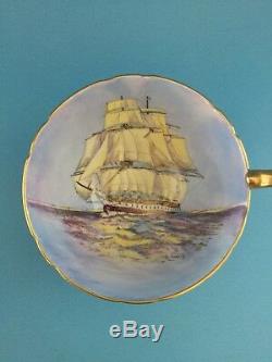 AYNSLEY TALL SHIP ARTIST SIGNED CUP & SAUCER, COBALT BLUE w GOLD TRIM EXCELLENT