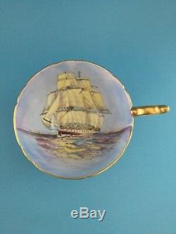 AYNSLEY TALL SHIP ARTIST SIGNED CUP & SAUCER, COBALT BLUE w GOLD TRIM EXCELLENT