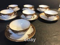 A Set Of 7 Antique Limoges Tea Cup And Saucer/ Raised Gilt/ 14 Pieces/ Hand Made