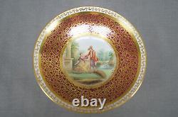 Alcock Hand Colored Courting Couple Red & Gold Coffee Cup & Saucer Circa 1850s A