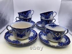 Alfred Meakin CAMBRIDGE Flow Blue Set of 6 Cups & Saucers Gold Accent Bonus+