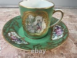 Antique 19th Century French Hand painted Green Gold Cup & Saucer Crossed Mark