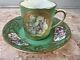Antique 19th Century French Hand Painted Green Gold Cup & Saucer Crossed Mark