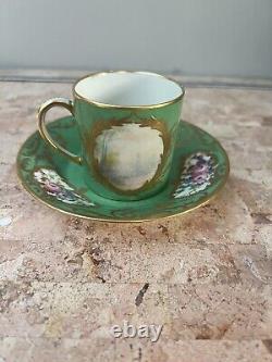 Antique 19th Century French Hand painted Green Gold Cup & Saucer Crossed Mark