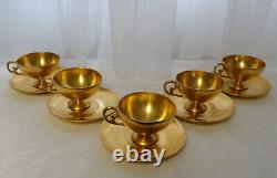 Antique 5 T&V Limoges Chryso Ceramics Mat Healey Gold-Tone Demi Cups & Saucers