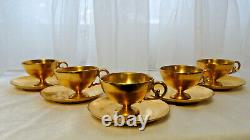 Antique 5 T&V Limoges Chryso Ceramics Mat Healey Gold-Tone Demi Cups & Saucers