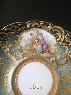 Antique Ambrosius Lamm Dresden Hand Painted Raised Gold Cup Saucer Watteau