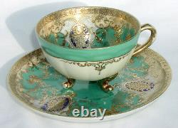 Antique August Warnecke Porcelain Green Gold Rococo Cup Saucer Porzellan Germany