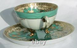 Antique August Warnecke Porcelain Green Gold Rococo Cup Saucer Porzellan Germany