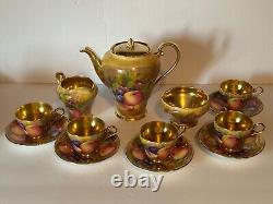 Antique Aynsley Golden Orchard Handpainted Fruit Coffee Pot/5 Cups&Saucers/C&S