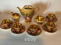 Antique Aynsley Golden Orchard Handpainted Fruit Coffee Pot/5 Cups&Saucers/C&S