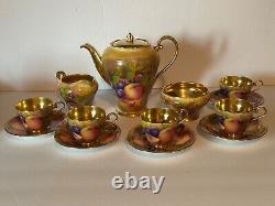 Antique Aynsley Golden Orchard Handpainted Fruit Coffee Pot/5 Cups&Saucers/C&S