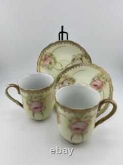 Antique Bavaria Demitasse Cups & Saucers Floral Gold Germany Set of 2