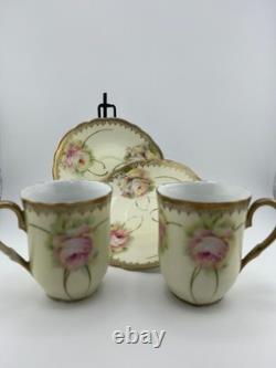 Antique Bavaria Demitasse Cups & Saucers Floral Gold Germany Set of 2