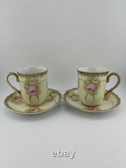 Antique Bavaria Demitasse Cups & Saucers Floral Gold Germany Set of 2