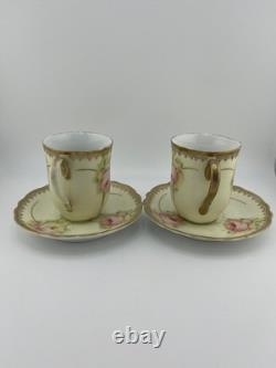 Antique Bavaria Demitasse Cups & Saucers Floral Gold Germany Set of 2
