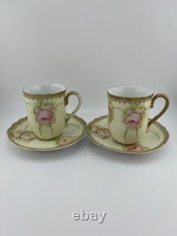 Antique Bavaria Demitasse Cups & Saucers Floral Gold Germany Set of 2