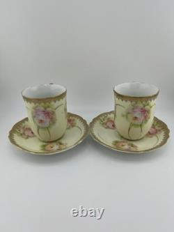 Antique Bavaria Demitasse Cups & Saucers Floral Gold Germany Set of 2