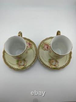Antique Bavaria Demitasse Cups & Saucers Floral Gold Germany Set of 2