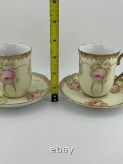 Antique Bavaria Demitasse Cups & Saucers Floral Gold Germany Set of 2