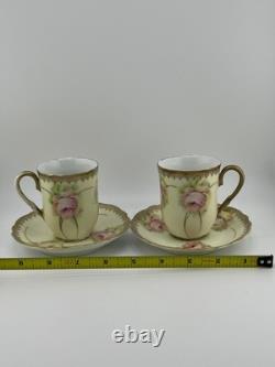 Antique Bavaria Demitasse Cups & Saucers Floral Gold Germany Set of 2