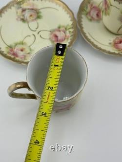 Antique Bavaria Demitasse Cups & Saucers Floral Gold Germany Set of 2