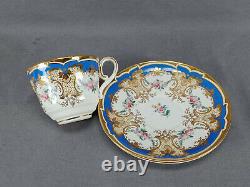 Antique British Hand Colored Pink Rose Floral Blue & Gold Tea Cup & Saucer A