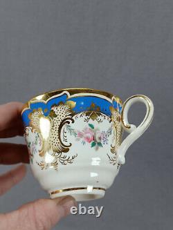 Antique British Hand Colored Pink Rose Floral Blue & Gold Tea Cup & Saucer A
