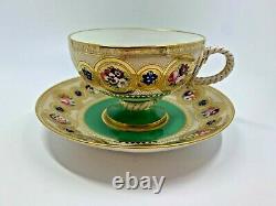 Antique Brown Westhead & Moore Rope Handle Cup & Saucer HP Floral Much Gold Trim