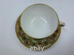 Antique Brown Westhead & Moore Rope Handle Cup & Saucer HP Floral Much Gold Trim