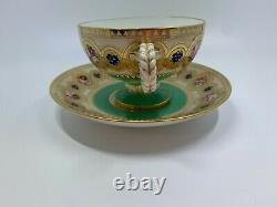 Antique Brown Westhead & Moore Rope Handle Cup & Saucer HP Floral Much Gold Trim