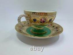 Antique Brown Westhead & Moore Rope Handle Cup & Saucer HP Floral Much Gold Trim