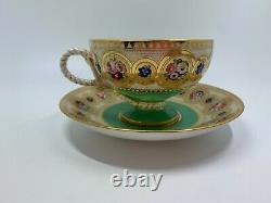 Antique Brown Westhead & Moore Rope Handle Cup & Saucer HP Floral Much Gold Trim