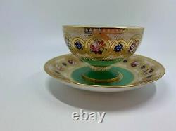 Antique Brown Westhead & Moore Rope Handle Cup & Saucer HP Floral Much Gold Trim